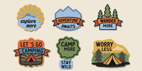 Collection of six hand drawn outdoor adventure and camping themed graphic badges with inspirational quotes