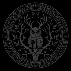Fototapeta premium Mysterious Horned Owl on Tree Branch with Key in Ornate Symbolic Circle, Dark Fantasy Esoteric Art, Vintage Grunge Texture