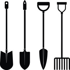a set of farming tools  spade  rake  hoe  arranged