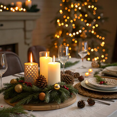 Cozy christmas dinner table setting with candles and festive decorations