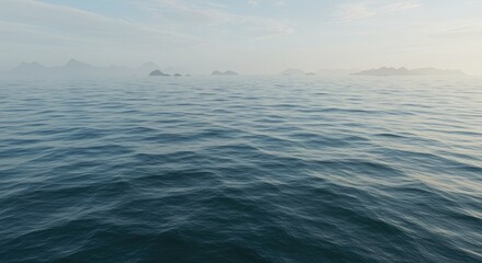 Fototapeta premium Peaceful blue ocean waves gently rolling towards distant misty islands, creating a serene and calming seascape perfect for travel brochures and relaxation themes