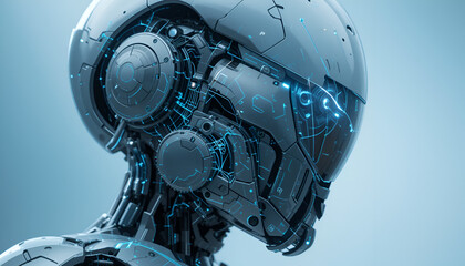 Fototapeta premium Closeup of a futuristic robot head with intricate mechanical details