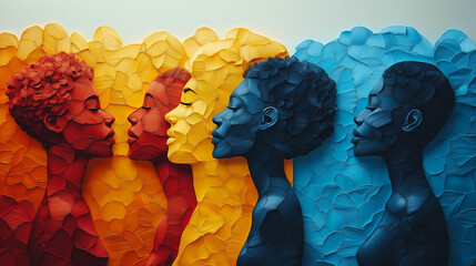 Vibrant abstract art showcases diverse women's profiles in bold, textured colors, symbolizing unity and strength for modern designs.