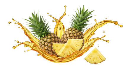 3d icon of fresh pineapple slices and whole pineapples splashing into juice, isolated on transparent background