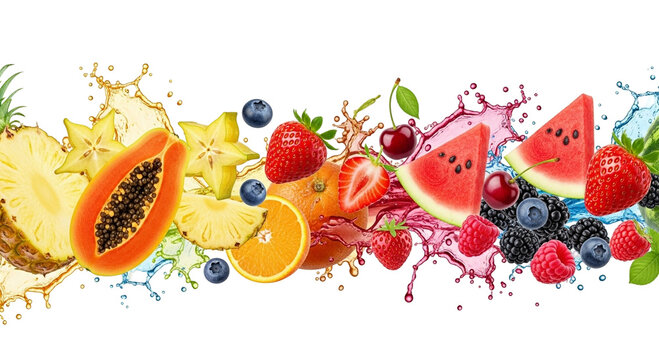 3d icon of a vibrant assortment of fresh fruits including watermelon, strawberries, blueberries, oranges, papaya, and pineapple, splashing in water, isolated on transparent background