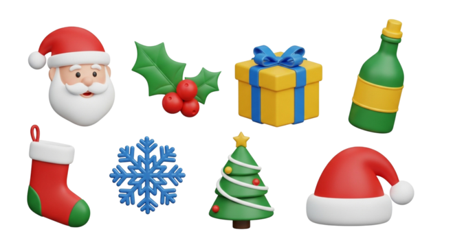 3d icon of collection of 3d christmas icons including santa claus, stocking, snowflake, gift, tree, and hat, isolated on transparent background