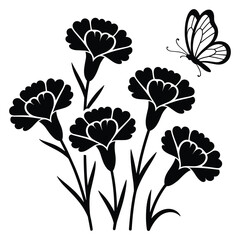Black and white silhouette of carnation flowers with a butterfly in flight