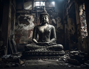 Meditating Buddha statue in a decaying, derelict interior with architectural damage