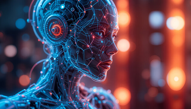 Closeup of a futuristic female robot with glowing blue circuitry and red lights