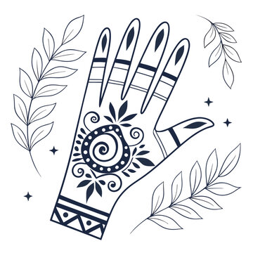 Hand drawn henna tattoo with leaves