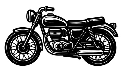 A black motorcycle with a chrome handlebar and a black seat. The motorcycle is parked on a white background. Vector. Silhouette illustration.