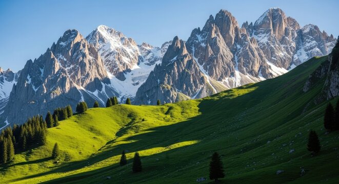 Majestic mountain range with green rolling hills and pine trees - Powered by Adobe