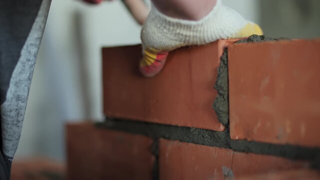 Bricklayer placing red clay bricks with mortar