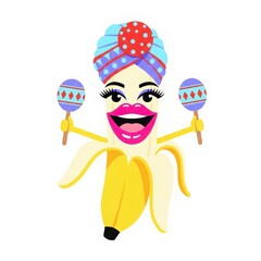 Whimsical banana character with turban and maracas celebrating with a joyful expression