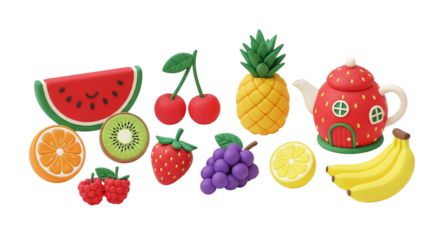 3d icon of a charming set of clayart fruits and a teapot, featuring watermelon, cherries, pineapple, teapot, orange, kiwi, strawberry, grape, lemon, and banana, isolated on transparent background