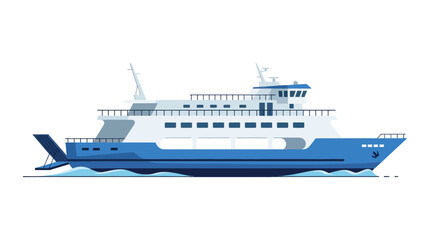 Blue and White Ferry Boat with Multiple Decks and Antenna.