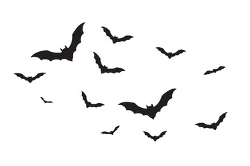 Silhouette of a flock of bats flying against a white background