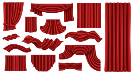 3d icon of a collection of red velvet curtains and drapes in various styles, including swags, pleats, and straight panels, isolated on transparent background