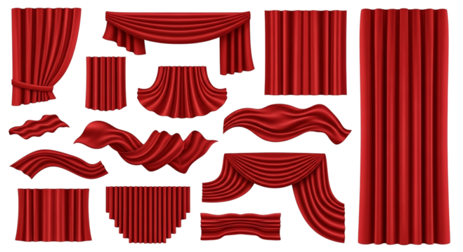 3d icon of a collection of red velvet curtains and drapes in various styles, including swags, pleats, and straight panels, isolated on transparent background - Powered by Adobe