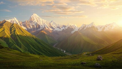 Majestic snow-capped mountains bathed in golden sunset light