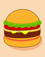 Stylized cartoon beef hamburger illustration with copy space for fast food concepts