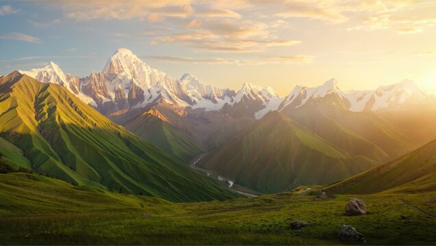 Majestic snow-capped mountains bathed in golden sunset light