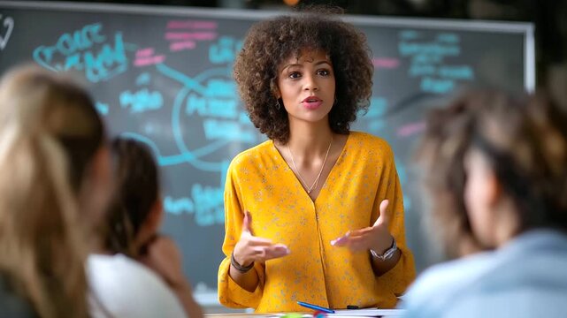 A young Black woman leading a diverse team in a sales growth discussion using a glass board mindmap in an office, Black female business leader, multiethnic team strategy, office mi