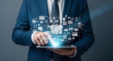 Businessman interacting with a digital cloud of interconnected icons and data streams emanating from a tablet device representing technology and innovation
