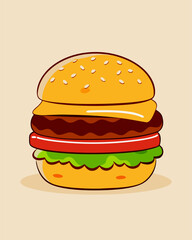 Fast Food Beef Burger Illustration with Cheese and Vegetables on a Clean Background