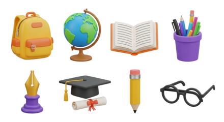 3d icon of collection of school supplies, including a backpack, globe, open book, pens, fountain pen, graduation cap with diploma, pencil, and glasses, isolated on transparent background