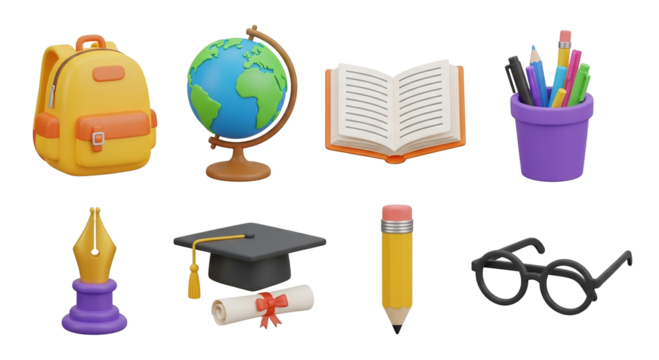 3d icon of collection of school supplies, including a backpack, globe, open book, pens, fountain pen, graduation cap with diploma, pencil, and glasses, isolated on transparent background