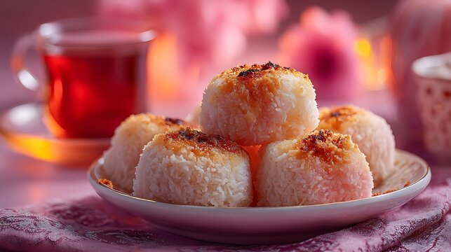 Azerbaijani pitha isolated on a white porcelain plate, steamed rice cakes filled with coconut and brown sugar