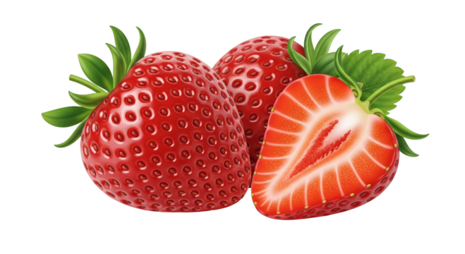 3d icon of three ripe strawberries, one whole and one halved, isolated on transparent background