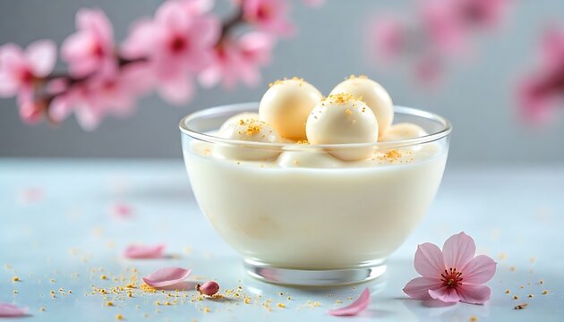 Ras Malai isolated in a transparent bowl, soft cheese balls soaked in sweet milk cream