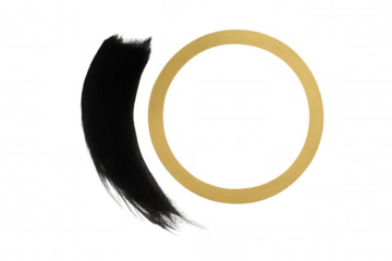 Abstract gold textured ring with a curved black paint brush stroke, isolated on transparent background