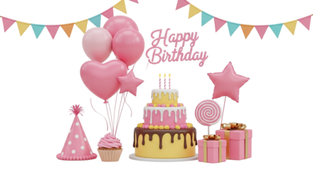 3d icon of happy birthday celebration with a tiered cake, balloons, cupcake, party hat, lollipop, and gift boxes, isolated on transparent background