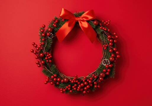 A decorative Christmas wreath made of vines, pine, and berries, adorned with a red satin bow on a red background - Powered by Adobe