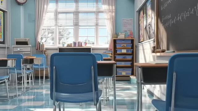 A sunlit classroom with blue chairs, checkered floor, a blackboard, and large window