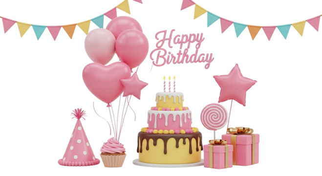3d icon of happy birthday celebration with a tiered cake, balloons, cupcake, party hat, lollipop, and gift boxes, isolated on transparent background - Powered by Adobe
