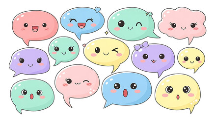 Adorable Cartoon Speech Bubbles with Various Expressions and Colors Smiling.
