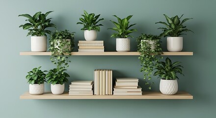 Arrangement of various green houseplants in white pots displayed on wooden shelves with books against a teal wall