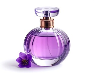 Round perfume bottle with a violet hue and a floral accent