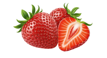 3d icon of two whole strawberries and one half strawberry isolated on transparent background, showcasing vibrant red color and green leaves, perfect for food and health related content