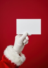 Santa Claus's gloved hand holding a blank white horizontal card against a vibrant red background