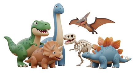 Naklejka premium 3d icon of a playful group of cartoon dinosaurs, including a tyrannosaurus rex, brontosaurus, triceratops, pterodactyl, stegosaurus, and a dinosaur skeleton, isolated on transparent background
