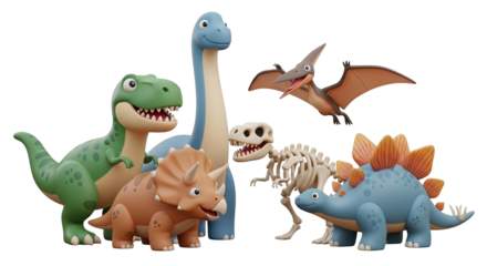 3d icon of a playful group of cartoon dinosaurs, including a tyrannosaurus rex, brontosaurus, triceratops, pterodactyl, stegosaurus, and a dinosaur skeleton, isolated on transparent background