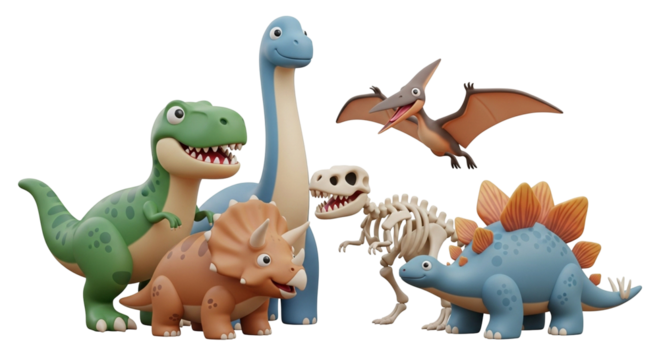 3d icon of a playful group of cartoon dinosaurs, including a tyrannosaurus rex, brontosaurus, triceratops, pterodactyl, stegosaurus, and a dinosaur skeleton, isolated on transparent background