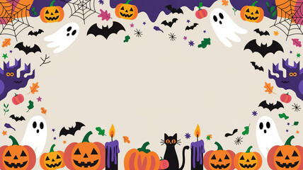 Naklejka premium Halloween background displays cheerful illustrations of pumpkins, friendly ghosts, and spider webs surrounding a plain light background with ample copy space.