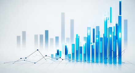 Abstract 3d bar graph with upward trend and data points on a white background