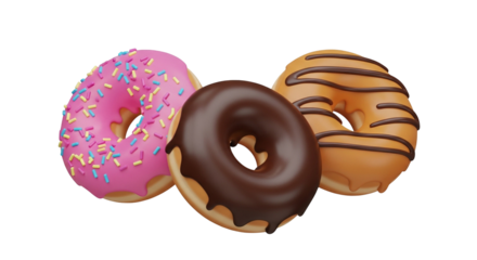 3d icon of three delicious donuts with colorful frosting and toppings, including pink with sprinkles, chocolate glaze, and caramel stripes, isolated on transparent background